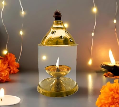 Image of DSH Brass Akhand Diya Decorative Brass Glass Oil Lamp and Tea Light Holder for Diwali Pooja and Gift Item. (M)