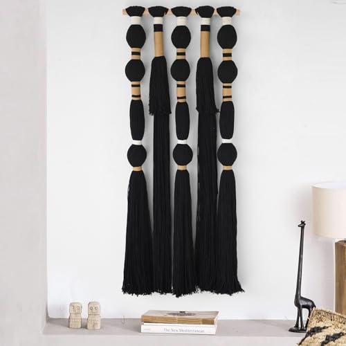Macrame Wall Hanging Black Sphericity Cotton Tassels Textile Hanging Geometric Yarn Wall Art for Bedroom Living Room Decor 15.7" W x 39" L