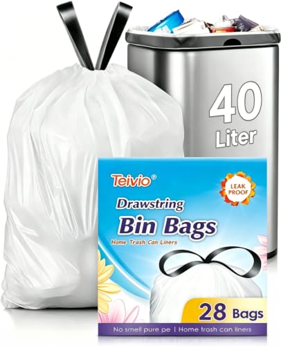 Teivio 40 Liter Bin Liners with Tie Tap 28 Counts Strong Swing Bin Bags with Drawstring Handle 10 Gallon Waste Bin Bags for Home Office Kitchen Bathroom Bedroom White Rubbish Bags