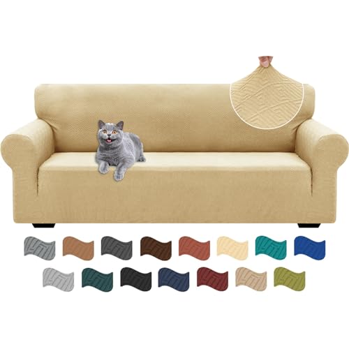 Ystyle Stretch Sofa Überzug 3 Sitzer, Sofabezug rutschfest Mit Armlehne, Elastische Couch Überzug Jacquard, Universal Sofa Cover Moderne, Sofaschoner Hund Katze Für Wohnzimmer, Beige Gelb