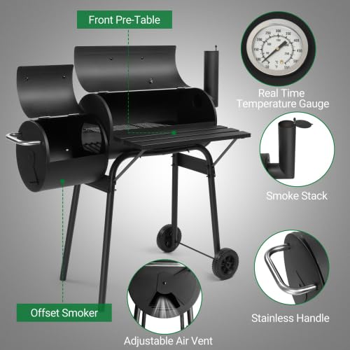Barbecue a carbonella con affumicatore offset, barbecue interamente in metallo, con tavolino laterale e ruote, per cucinare in giardino, patio e cortile