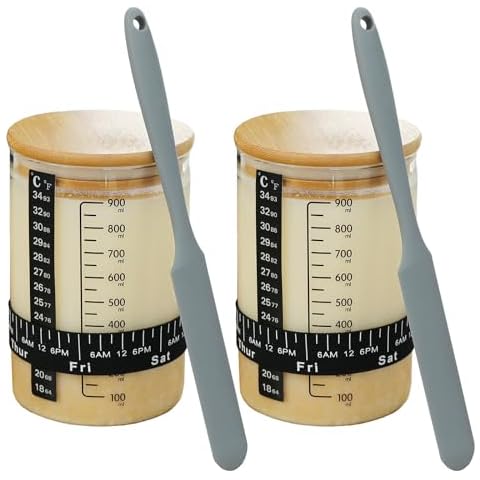 Sourdough Starter Jar Kit 34 oz/1000mL,Reusable Sourdough Bread Baking Supplies, Borosilicate Glass Sourdough Starter Crock, Home Baking Supplies Wide Mouth Sourdough Jar Bamboo Airtight Bottle Caps Cover