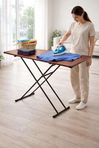 Image of Multi-Purpose Ironing Table | Foldable Iron Board with Wooden Finish Top | Heavy-Duty Metal Frame | Space-Saving Laundry & Utility Table for Home