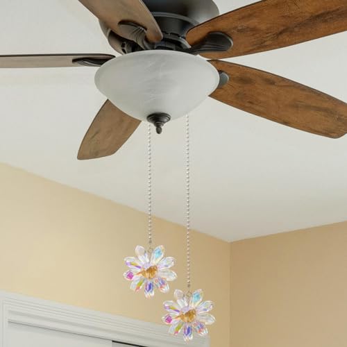 Image of LEFERS Ceiling Fan Pull Chain, 2 Pieces 1.8 inch Crystal Glass Flower Pendants with 24 inch Ceiling Fan Chain Extender and Connector (Crystal AB)