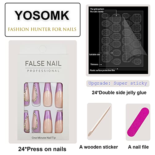 Yosomk Luxurious Long Press On Nails Gems Purple Coffin Fake Nails With Designs Glossy False Nails For Women Girls Stick On Nails With Glue On Acrylic Nail Tips #TOP1