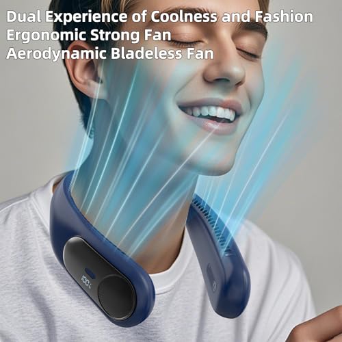 Image of Portable Neck Fan, Personal Wearable Bladeless Fan for Outdoor Indoor, LED Display, 360 Cooling, 4-Speeds, 6000mAh USB Rechargeable, Birthday Gifts for Men Women Dad Mom (Blue)