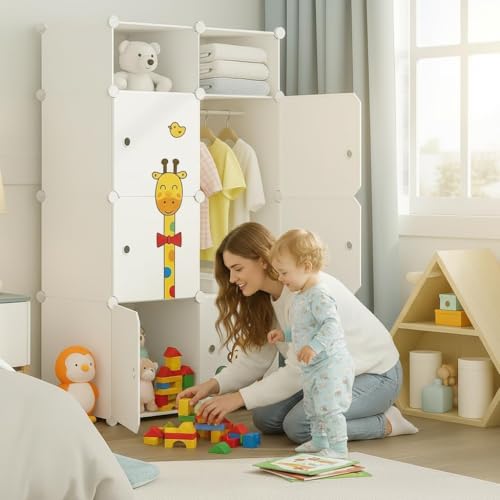 Image of 8 Door Kids Cartoon Wardrobe Storage Cabinet - DIY Modular Clothes Organizer with Hanging Cartoon Design Wardrobe with Multi for Bedroom, Living Room,Entryway