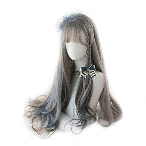 KONNIQIWA Lolita Wig 65cm Long Gray Mixed Blue Heat Resistant Synthetic Hair Cosplay Wigs for Women Girls