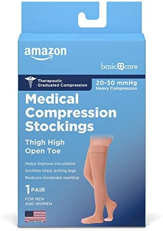 Amazon Basic Care Medical Compression Stockings, 20-30 mmHg Support, Women & Men Thigh Length Hose, Open Toe, Beige, Medium (Previously NuVein)