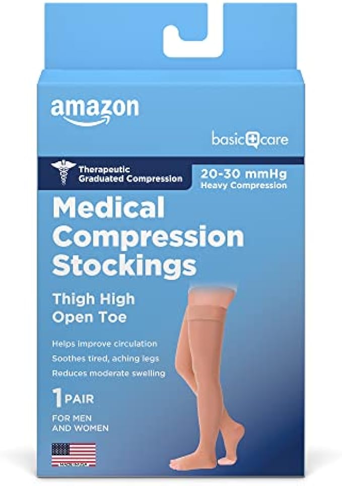 Amazon Basic Care Medical Compression Stockings, 20-30 mmHg Support, Women & Men Thigh Length Hose, Open Toe, Beige, Medium (Previously NuVein)