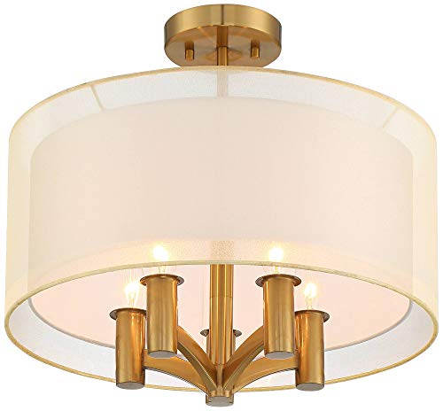 Possini Euro Design Caliari Modern Close To Ceiling Light Semi Flush Mount Fixture 18" Wide 5-Light Warm Brass Gold Double Drum Shades For Bedroom Hallway Living Room Dining Room Bathroom Kitchen #TOP5