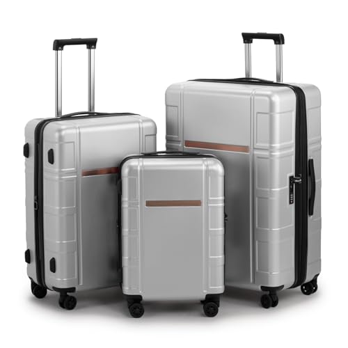 3 Piece Luggage Sets,20/24/28" Expandable Carry On Suitcase,Lightweight Luggage,Hardshell PC Travel Suitcase,Durable Suitcase Rolling Luggage,with TSA Lock & Spinner Wheels,for Men and Women (Silver)3