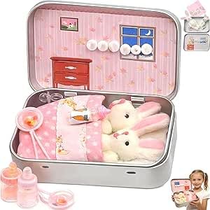 Plüsch Hase Mini Pocket Tin, Oster Mini Plüsch Hase Spielzeug Set in Tin Box, Süße Pocket Rabbits, Tragbares Hasen Spielset, Dekorative Osterkorb Füllstoffe (Rot)