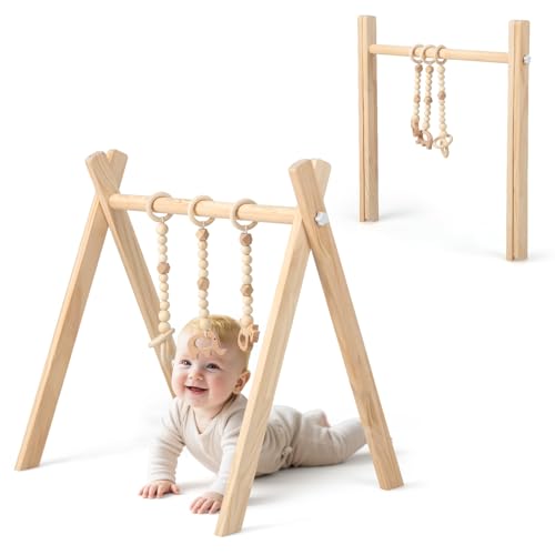 RELAX4LIFE Spieltrapez aus nat&uuml;rlichem Holz, f&uuml;r Baby ab 3 Monaten, Spielbogen im nordischen Stil, Aktivit&auml;tscenter mit 3 H&auml;ngespielzeugen f&uuml;r die Gehirnentwicklung & k&ouml;rperliche Entwicklung (Natur)