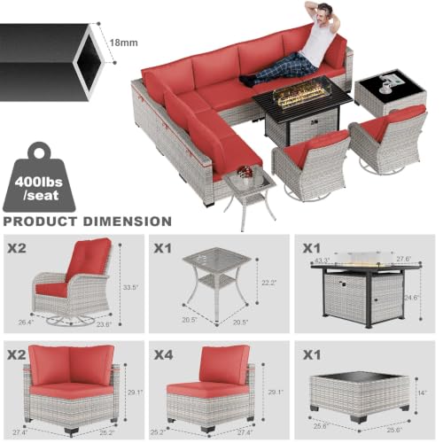 Image of Outdoor PE Wicker Rattan Modular Patio Sectional Sofa Set | 11-Piece: 6 Modular Seats, Coffee Table, 2 Swivel Rocking Chairs, Side Table & 55,000 BTU Fire Pit Table, Red