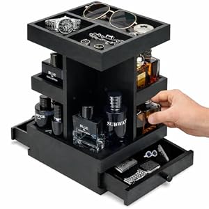 Rotating Fragrance Stand for Men, 3 Tier Wooden Perfume Organiser with Drawers, Aftershave & Cologne Storage Display Shelf for Dresser, Vanity & Bathroom