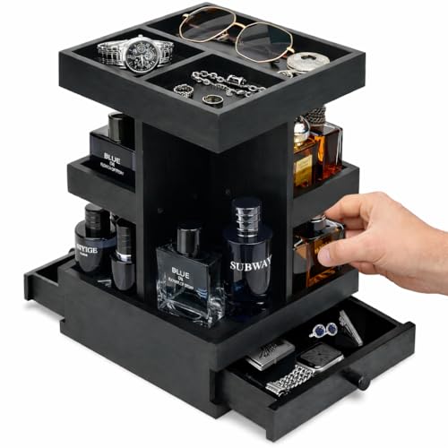 VYNOPA Rotating Fragrance Stand for Men 3 Tier Wooden Perfume Organiser with Drawers Aftershave & Cologne Storage Display Shelf for Dresser Vanity & Bathroom