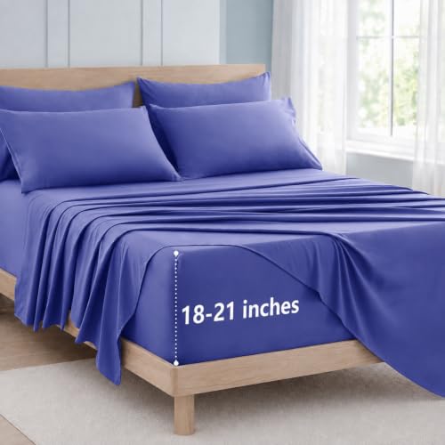 Image of CozyLux 6-Piece Cal King Sheet Set, Fits 18-21 Inch Mattresses, Oeko-TEX | 4 Pillowcases, 1 Flat Sheet and 1 Fitted Sheet with All-Around Elastic and 21-Inch Deep Pocket for a Secure Fit, Very Peri