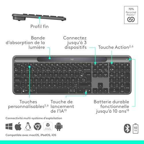 Logitech Signature Slim Solar+ clavier sans fil alimenté par la lumière solaire et artificielle batterie durable jusqu’à touches personnalisables Bluetooth Clavier Français AZERTY - vue 7