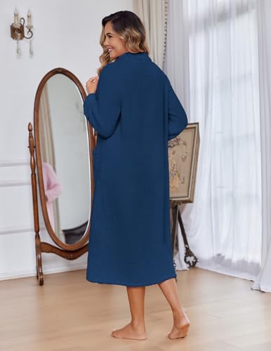 Image of Ekouaer Women Zipper Robe Fleece Long Sleeves Bathrobe Sleepwear Warm Soft Housecoat with Pockets Zip Up House Dresses