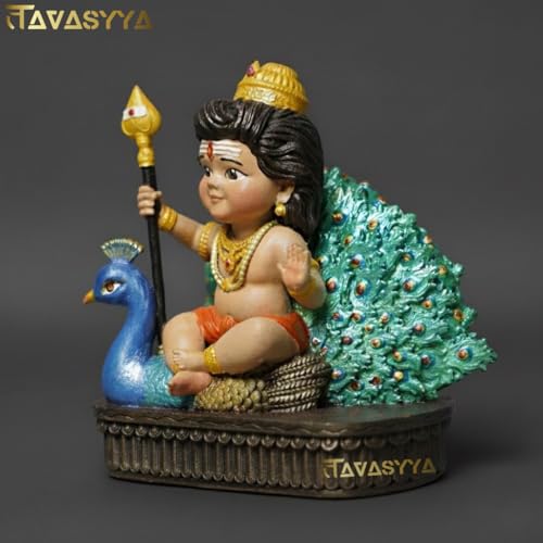 Image of Lord Murugan Idol | Bal Kartikeya /Skanda /Subrahmanya Swamy Statue with Peacock | for Mandir, Car Dashboard, Home Temple, Office Desk & Home Decor | Spiritual Gifting & Housewarming