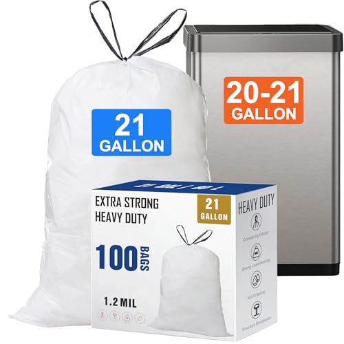 21 Gallon Drawstring Trash Bags 100 Count 1.2 Mil Heavy Duty Garbage Bags Fit for All 20-21 Gallon 65 Liter, 75 Liter, 80 Liter Trash Can Compatible with Code G for Office Kitchen Household Use