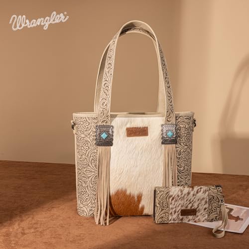 Image of Montana West Wrangler Cowhide Tote Bag for Women Western Tooling Handbag Leather Fringing with Turquoise Stone Concho