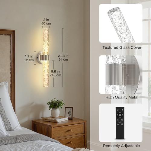 Image of DORESshop Battery Operated Wall Sconces Set of 2, 10000mAh Rechargeable Wall Sconce with Stone Pattern Acrylic, Dimmable Wireless Wall Sconce, Sconce Wall Decor for Living Room, Bedroom, Nickel 21.4in