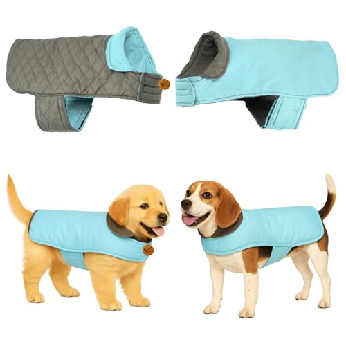 Image of Sage Square Double-Sided Quilted Dog Jacket - Weather-Resistant, Lightweight, Waterproof, Designed for Comfort & Warmth, Adjustable Fit, Perfect for Indoors or Outdoors (Quilt Sky Blue, XL - 20 Inch)