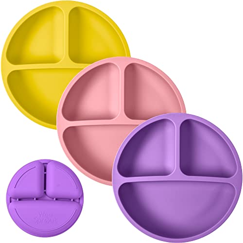 Image of WeeSprout Silicone Plates with Lids for Babies & Toddlers (3 Pack) 100% Food-Grade Dishes for Self Feeding, Divided Design & Raised Edges for Picky Eaters, Dishwasher & Microwave Safe Weaning Supplies