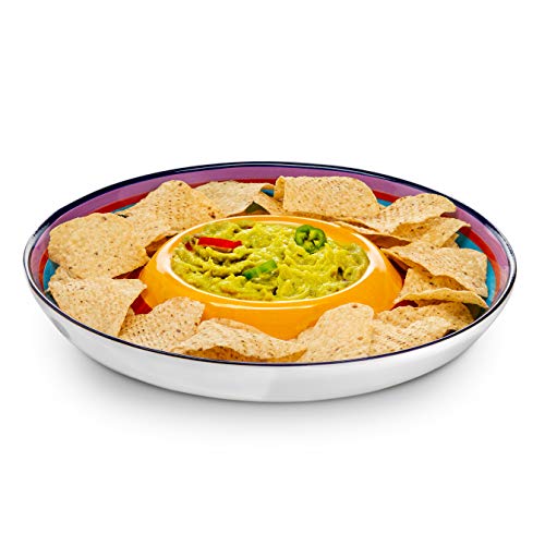 Kook Ceramic Chip & Dip Platter, Large Divided Serving Dish For Parties, Round Tray For Snacks And Appetizers, With Bowl For Dips, Dishwasher Safe, Hand-Painted, Multicolor, Tinga Collection, 13 Inch #TOP2