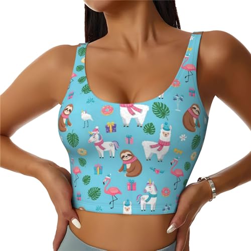 Cozy Christmas Cute Animals Unicorns Flamingo Llama Sloth Yoga Bra for Women Girls, U-Shaped Back Tops with Pads Control Shapewear Outfit for Sports Fitness