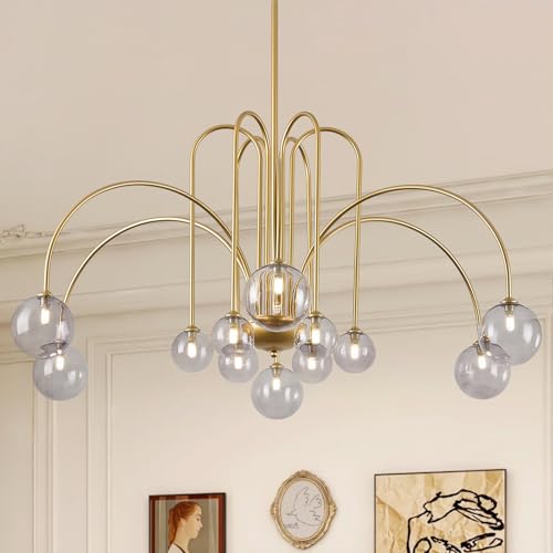 MERINEA Modern Gold Sputnik Chandelier Mid Century 12 Lights Large L52” Smoke Glass Globe Pendant Light Fixture for High Ceiling Foyer Staircase Living Dining Room