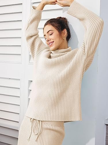 LILLUSORY Women's 2 Piece Outfits Turtleneck Sweaters Lounge Set and Wide Leg Pants Cozy Knit Sweatsuit Sets