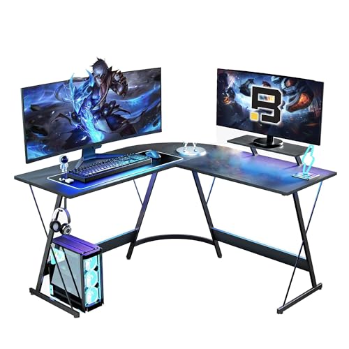 BEXEVUE Gaming Eckschreibtisch Studie - 130x130 cm Stabil L Förmigen Gamer Schreibtisch, PC Ecktisch Computertisch mit Monitorständer Headset Haken, Platzsparend Einfach zu Montieren Corner Eck Tisch