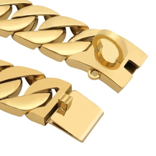 Goldfarbenes Hundehalsband, 32mm, Kubanisches Gliederhalsband mit Sicherer Schnappschnalle, 18 Karat Edelstahl, Für Alle Rassen, Mittelgroße Und Große Hunde(Gold,65cm)