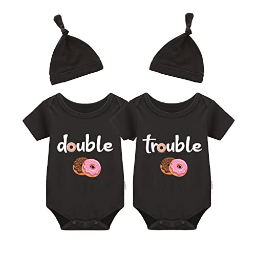 Image of YSCULBUTOL Baby Twins Bodysuits Funny Double Trouble Cute Girl Romper Twin Jumpsuits Hat Set