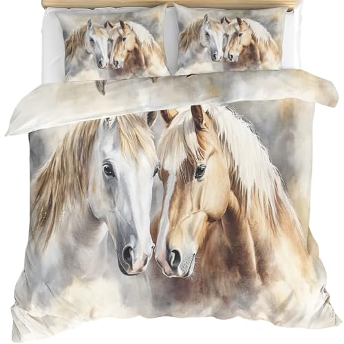Funda de edredón con diseño de caballo, tamaño King, funda de edredón retro de caballo, juego de ropa de cama de 3 piezas con 2 fundas de almohada con cierre de cremallera, 230 x 220 cm
