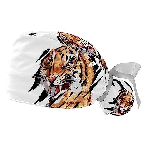 Lot de 2 bonnets bouffants de travail tigre réglables avec bandeau absorbant pour femme et homme