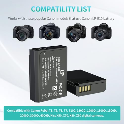 LP LP-E10 Battery Charger Pack, 2-Pack Battery & Dual Slot Charger, Compatible with Canon EOS Rebel T7, T6, T5, T3, T100, 4000D, 3000D, 2000D, 1500D, 1300D & More (Not for T3i T5i T6i T6s T7i)