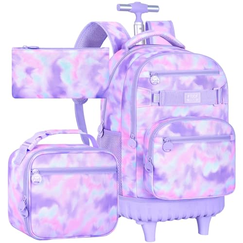 FTJCF 3Pcs Rolling Backpack for Girls, 19 Inche Women Roller Bag with Wheels for Adults, Wheeled Bookbag with Lunch Box(Purple)