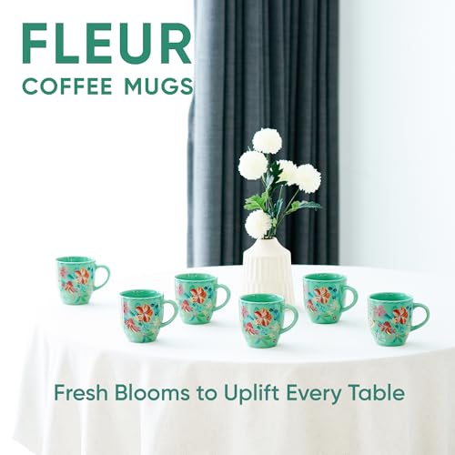 Image of Shay Ceramic Coffee Mug Set, Set of 6, 300ml, Big Bold Floral | Medium Mug | Glossy Finish | Ceramic Cup | Microwave Safe (Mint Big Bold Milk Mug, Set of 6)