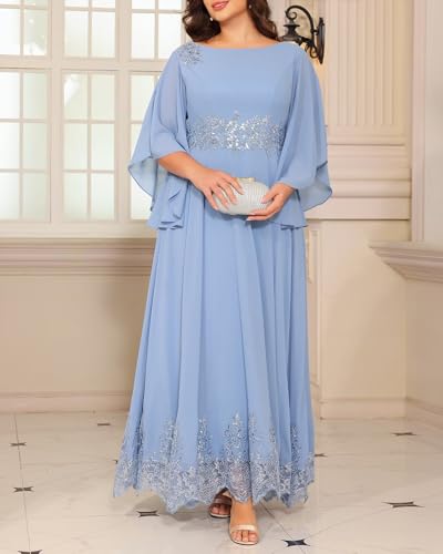 Long Chiffon Mother of The Bride Dresses Lace Appliques Hem Round Neck Sequin Evening Formal Dress PU2532