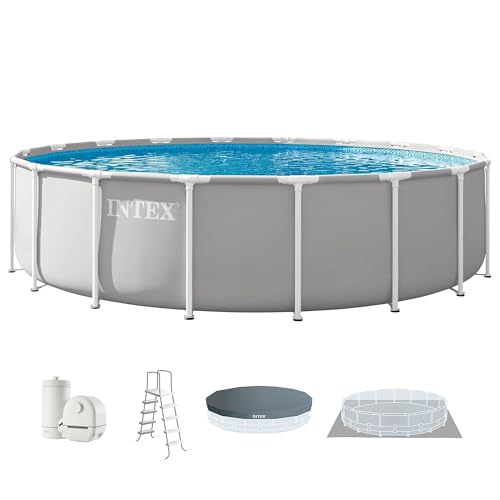 INTEX Prism Frame 18 ft x 48 in Above Ground Pool Set Round Swimming Pool with Steel Frame 1500 GPH Cartridge Filter Pump Ladder Cover & Ground Cloth