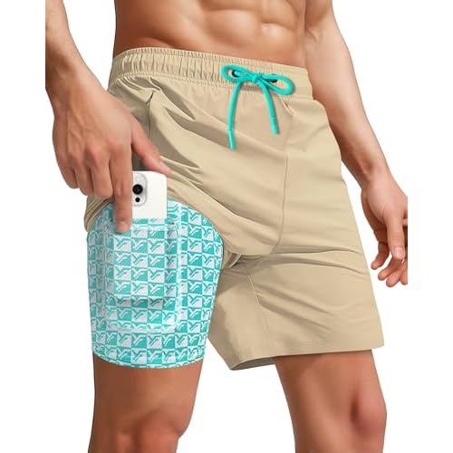 7 Inch Men Swim Trunks with Compression Liner Quick Dry Drawstring Male Swimtrunks for Beach Summer Water Park Small Beige Khaki