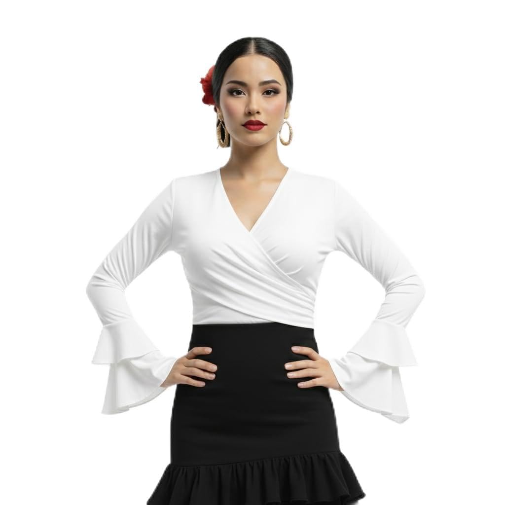 Bolero Torera Top Cruzado Flamenco Tejido elástico Manga Larga con Dos Volantes