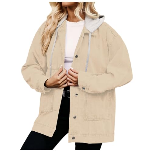 Generisch Chaqueta vaquera de gran tamaño para mujer, de manga larga, vintage, informal, monocolor, con bolsillos, con capucha, chaqueta vaquera, ligera, de longitud media, abrigo vaquero con capucha