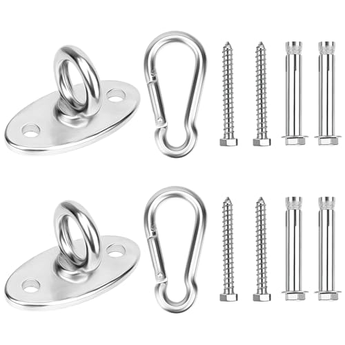CAUTIOUS [500KG Kit de Ganchos de Techo 2 Piezas Placas de Ojo de Acero Inoxidable 304 Ganchos Resistentes para Colgar Hamaca 2 Placas de Ojo y 2 Mosquetones de Acero, Anclaje para Pared