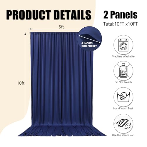 Image of 10ft x 10ft Navy Blue Backdrop Curtains for Parties, Polyester Fabric Backdrop Drapes with Rod Pockets for Weddings, Birthday, Halloween, Photography, Christmas Party Background Curtain, 2 Panels