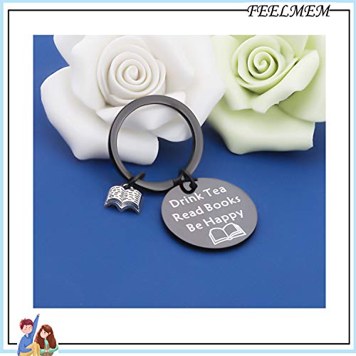 Image of FEELMEM Tea Lovers Drink Tea Read Books Keychain Party Gift Literature Book Lovers Jewelry Gift for Readers, Bookworm, Book (Drink Black)